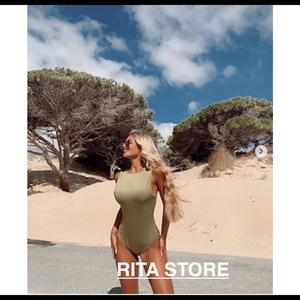 SHINY-EFFECT SWIMSUIT TRF LOW CUT BACK LIGHT KHAKI - Picture 2 of 7